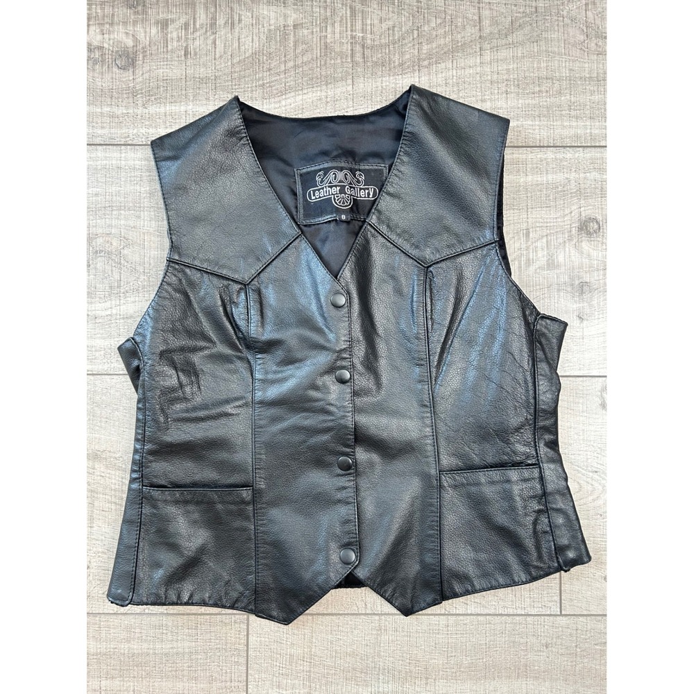 Vintage Leather Gallery Genuine Black Leather Snap Front Moto Vest Size 8